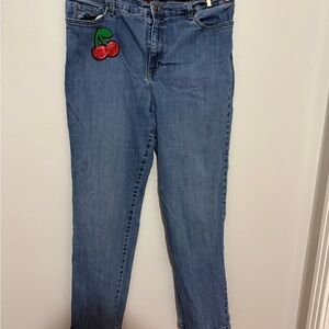 Blue Women's Denim Jeans with Cherry and Lemon Patch